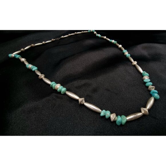 Jewelry - Vintage 1970s-90s Genuine Turquoise & Silver Beaded Necklace With Unique Tribal